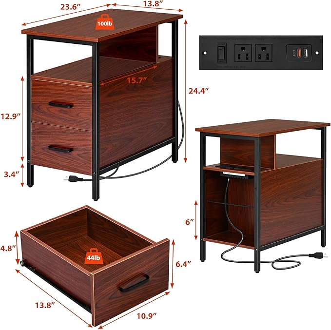 Livofloral Narrow Side Tables with Charging Station, Narrow End Table with Wooden Drawers, USB Ports and Power Outlets, Nightstand and Bedside Table for Bedroom, End Tables Living Room, Espresso