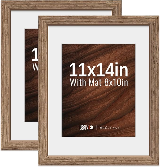 VCK 11x14 Picture Frame 2 Pack - Walnut, High-End Wood Poster Frames with Tempered Glass, Display 8x10 Photo with Mat or 11x14 without Mat, Art Gallery-Quality, Wall Hanging, Walnut