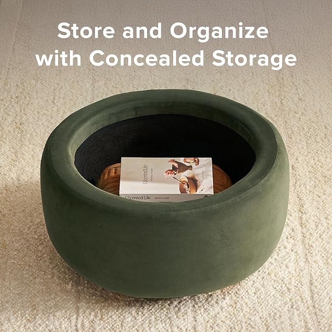 mopio Luna Round Ottoman with Storage and Tray, Round Coffee Table with Storage, Upholstered Foot Stools Ottoman for Living Room, Bedroom, with Solid Rubberwood Legs (Olive Green Premium Velvet)