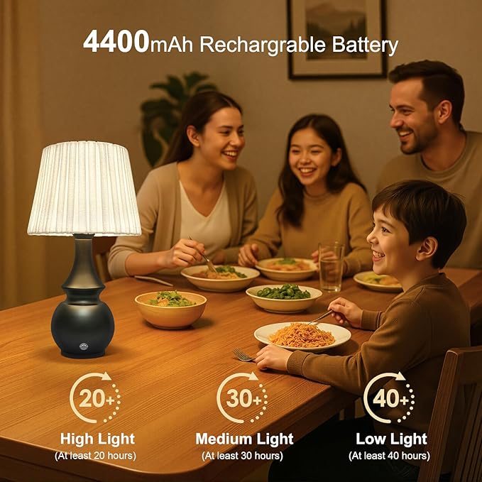 Black Cordless Lamp, Bedside Night Light, 4400mAh Battery Operated Lamp, Touch Lamps for Nightstand with Linen Shade, Rechargeable Table Lamp for Living Room,Dining,Office(Bulb Included)