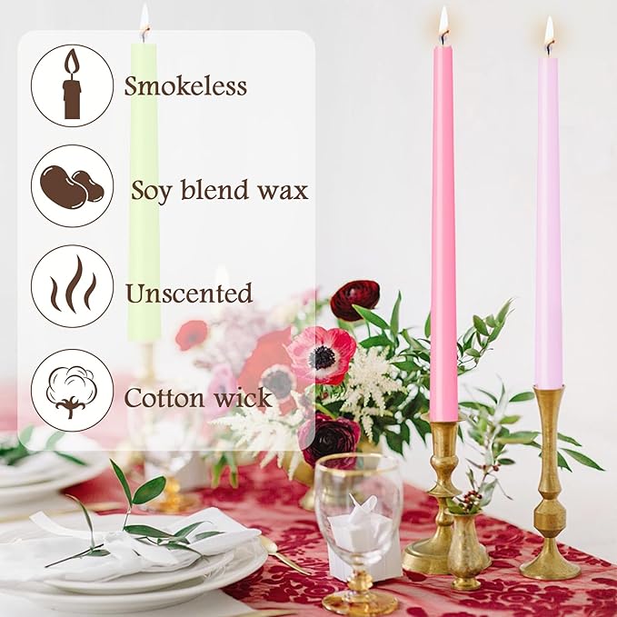 12 Inch Taper Candles, Smokeless Dripless Long Candles - Unscented Decorative Dinner Candles for Home, Wedding, Party, Table Decor, and Holiday Celebrations (6-Pack Assorted Colors B)