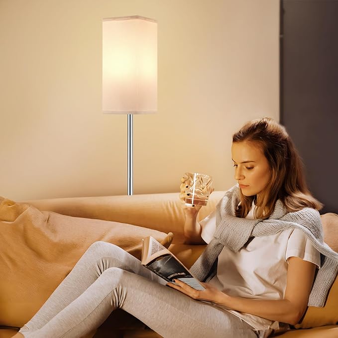 Ambimall Remote Control Floor Lamp, Stepless Dimmable, 64 Inches Tall, Include 9W Bulb, Standing Lamp for Living Room Bedroom Office (White & Sliver)