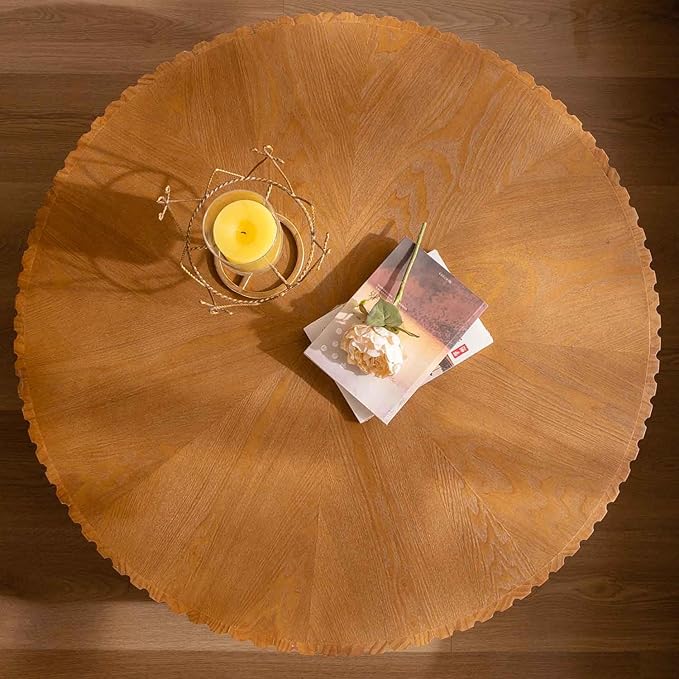 Round Coffee Table, 35.4" Vintage Handcraft Relief Drum Coffee Table Circle Wood Side Table End Table Accent Center Table Home Decor Table for Living Room Bedroom Apartment, Oak