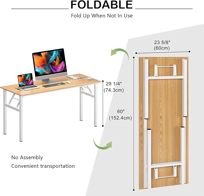 Need Home Office Desk Large Computer Desk 60 inch Sturdy Table Foldable Desk Gaming Computer Table No Assembly Required, Teak&White Frame AC5BW(152.4 * 60)