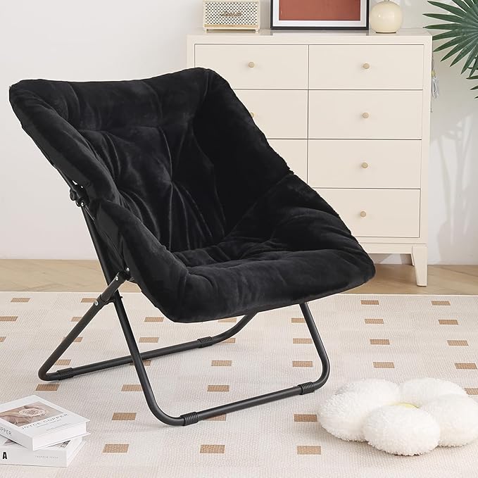 Saucer Chair, Comfy Bedroom Chairs, Oversized Folding Faux Fur Chair, Foldable Metal Frame Chair for Bedroom, Patio, Study, Playroom (Black)