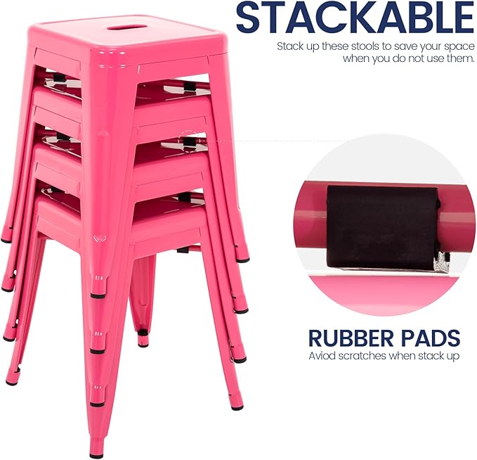 Brage Living 18 Inch Industrial Metal Stools Set of 4, Stackable Classroom Stools, Backless Metal Dining Chairs for Indoor Outdoor, Kitchen Short Stools (Hot Pink)
