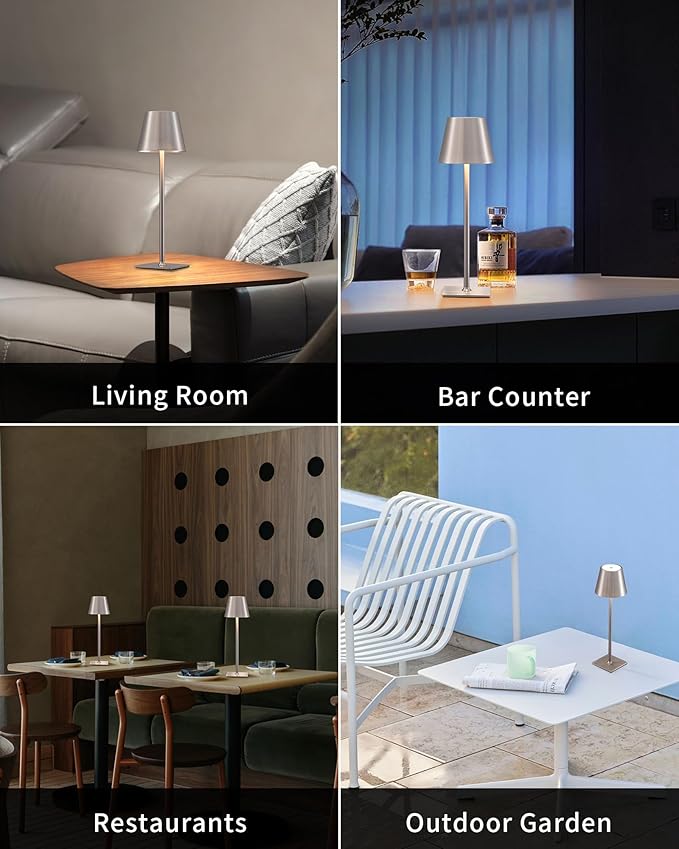 KDG 2 Pack Cordless Table Lamp,Portable LED Desk Lamp, 4000mAh Battery Operated, 3 Color Stepless Dimming Up, for Restaurant/Bedroom/Bars/Outdoor Party/Camping/Coffee Shop Night Light(Brushed Nickel)