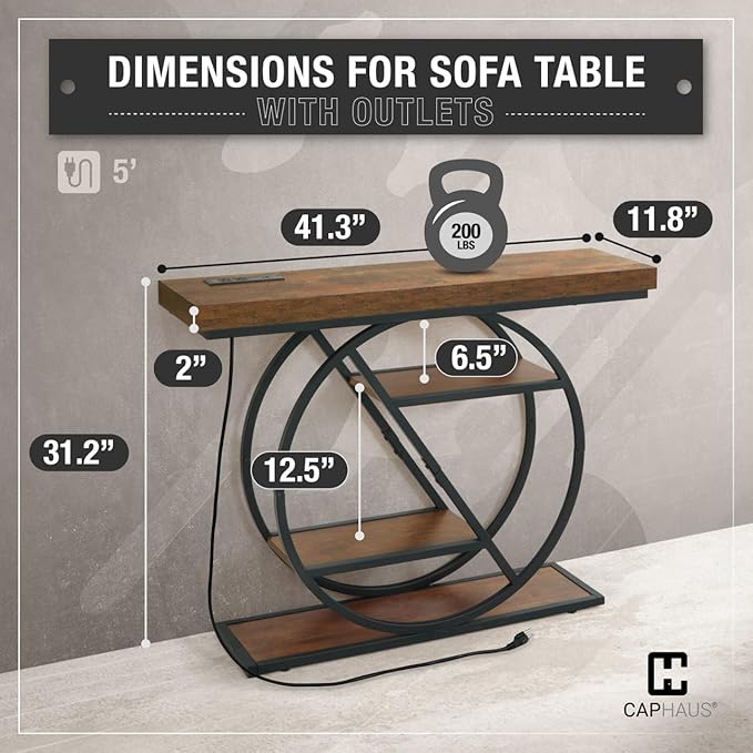 CAPHAUS 41” Unique Design 4-Tier Industrial Thick Sofa Console Table w/Storage & Charging Station, Entrance Tableau w/ 2 Outlets, USB & Type-C Ports for Living Room, Hallway, Rustic, Hourglass