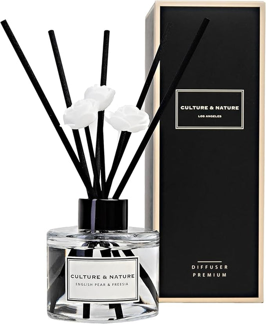 CULTURE & NATURE Reed Diffuser Set 4oz (120ml) English Pear & Freesia Scented Diffuser with Sticks Home Fragrance Reed Diffuser for Bathroom Shelf Decor