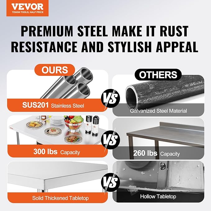 VEVOR Commercial Worktable Workstation 48x30 Inch Folding Commercial Prep Table, Double-Shelf Stainless Steel Folding Table, Kitchen Work Table with 772 lbs Load Silver Stainless Steel Kitchen Island