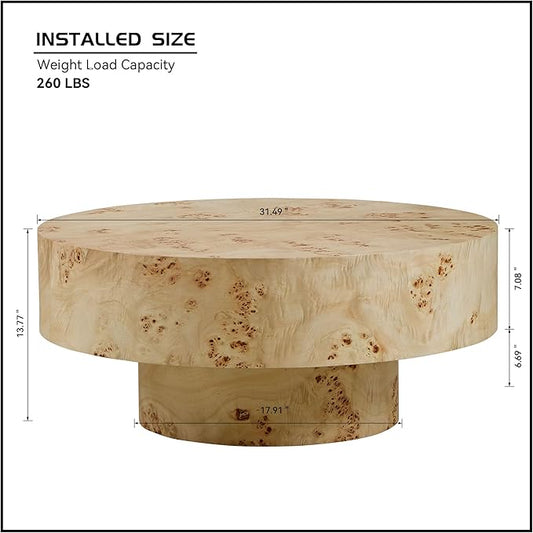 Round Wood Coffee Table with Burl Wood Veneer and Sturdy Pedestal for Living Room,31.49" Mid Century Modern Side End Table Accent Center Table for Apartment,Easy to Assembly