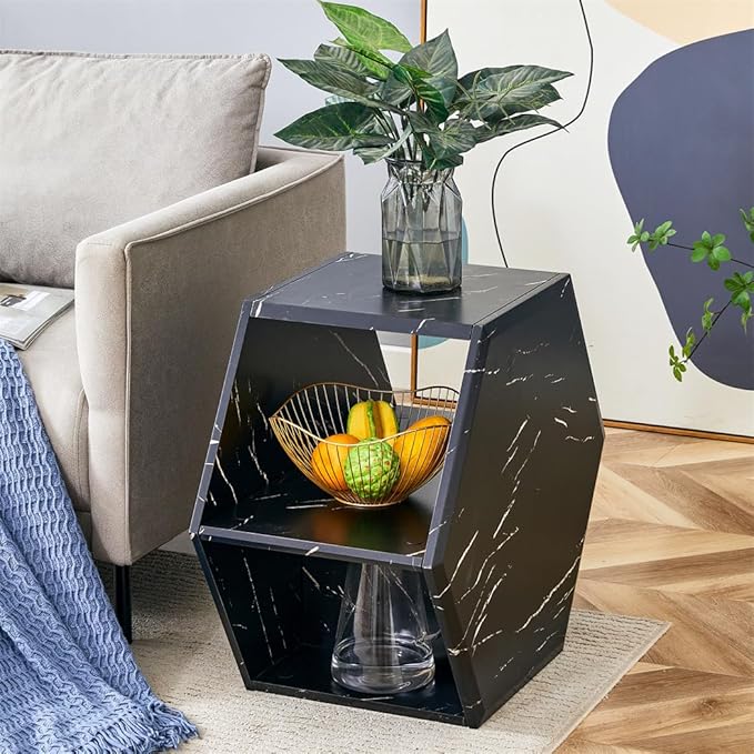 Side Table, Geometric End Table with Storage, Black Hexagon Table for Books, Decor & Drinks, Bedside Table for Small Spaces, No Assembly Required - Ready to Use
