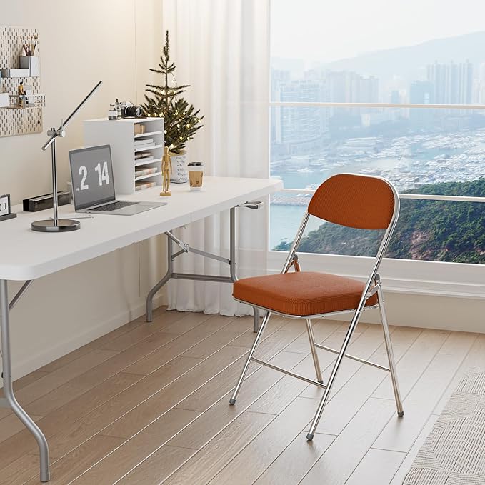 VINGLI 6 Pack Folding Chairs with Padded Seat & Backrest, Metal Frame, Durable Corduroy Fabric, 350 lbs Capacity, Set of 6, Orange – Ideal for Weddings, Parties, Office Events