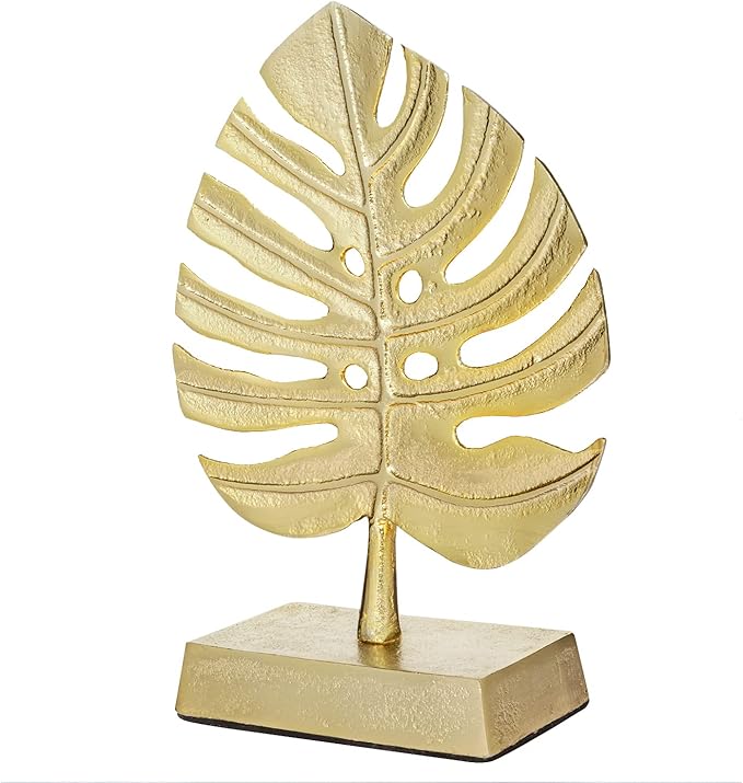 MyGift Brass Tone Metal Palm Leaf Modern Art Sculpture Decor, Monstera Plant Statue - Handcrafted in India