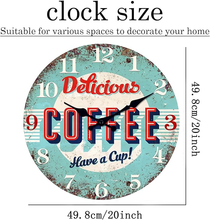 XFM Rustic Kitchen Wall Clock 20 Inch Blue Wooden Wall Clocks Battery Operated Silent Non-Ticking Retro Round Clocks for Cafes Bar Farmhouse Office