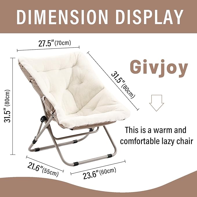 Living Room Chair, Soft Faux Fur Folded Chair Oversized Folding Accent Chair, Furry Lounge Lazy Chair, Metal Frame Moon Chair for Bedroom, Living Room