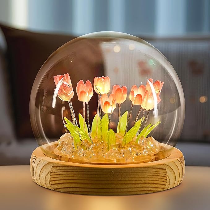 ONXE Birthday Flower Gifts for Mom,Tulips Night Light Small Glass Flower Lamp with Wooden Base for Home Decor Romantic Unique Christmas Gift for Women Girlfriend Sister Grandma Wife Her
