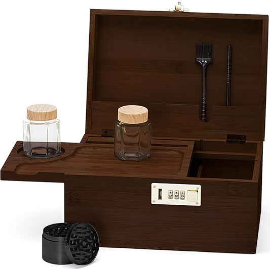 Large bamboo box, locked storage decorative box with combination lock, wooden lock box with lid, wooden locked storage box with removable tray and jars(Walnut)