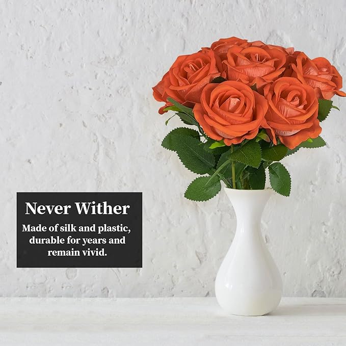 10 PCS Artificial Roses with Long Stems Silk Flowers Realistic Foam Flowers Fake Roses for Valentine's Day Autumn Fall Decor Halloween(Orange)