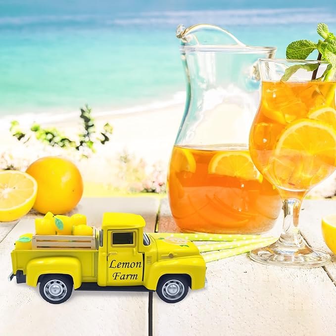 Lemon Decor Vintage Truck Decor with Mini Faux Lemons and Wooden Crate Summer Tiered Tray Decor Lemon Decorations for Home Desk Shelf Farmhouse Kitchen Centerpieces for Tables- Yellow