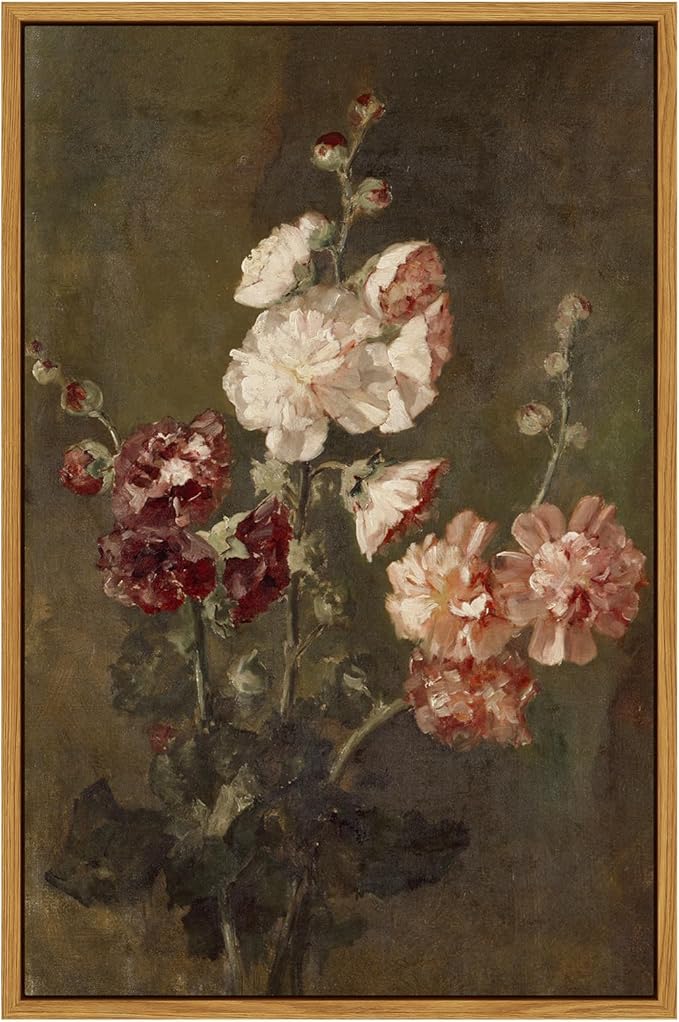 ARPEOTCY Vintage Floral Framed Wall Art, Hollyhocks Bathroom Decor Aesthetic, 16x24 Inch Large Canvas Art, Retro Wall Decor for Bedroom Living Room, Office Still Life Paintings Gifts
