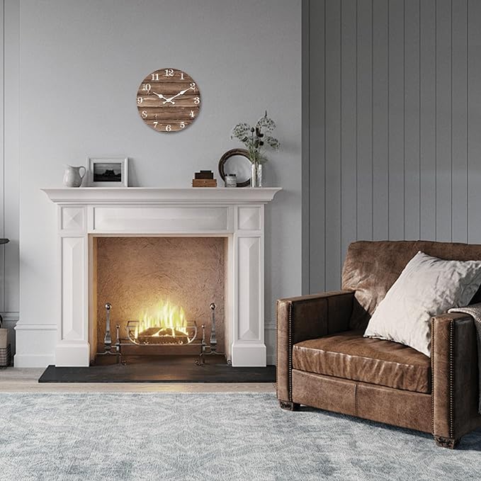 XFM Brown Wooden Wall Clock Battery Operated 14 Inch Rustic Farmhouse Clocks for Walls Silent Wall Clock for Office (No Solid Wood, it is with MDF Material)