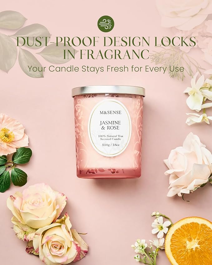 M&SENSE Jasmine Rose Candle, Cracking Wooden Wick Soy Wax, 18oz 100 Hours Long Lasting Clean Burn, Large Jar Candles for Home Scented, Non-Toxic Relaxing Aromatherapy Gifts for Women