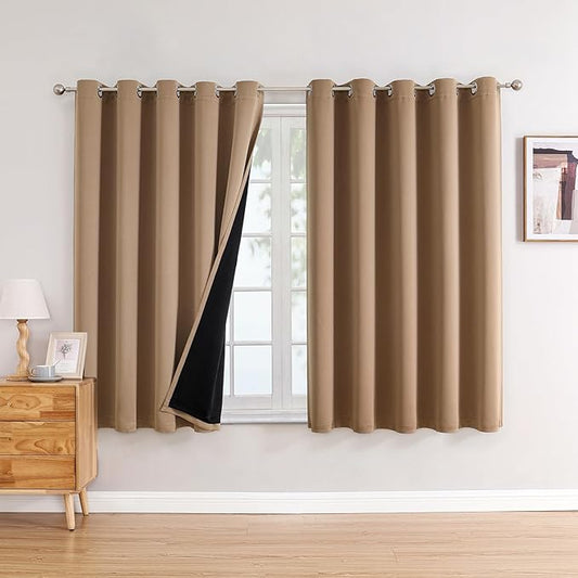 ChrisDowa 100% Blackout Curtains 63 inch Long for Bedroom with Black Liner, Extra Wide 2 Thick Layers Total Blackout Thermal Insulated Grommet Window Curtains 2 Panels Set (Cappuccino, 60 x 63 Inch)