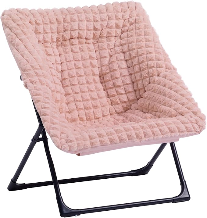 HollyHOME X-Large Saucer Chair, Comfy Oversized Folding Chair, Faux-Fur Reading Chair for Teens, Adults, Foldable Accent Lazy Chair, Metal Lounge Chair for Living Room, Bedroom, Dorm, Grid Pink