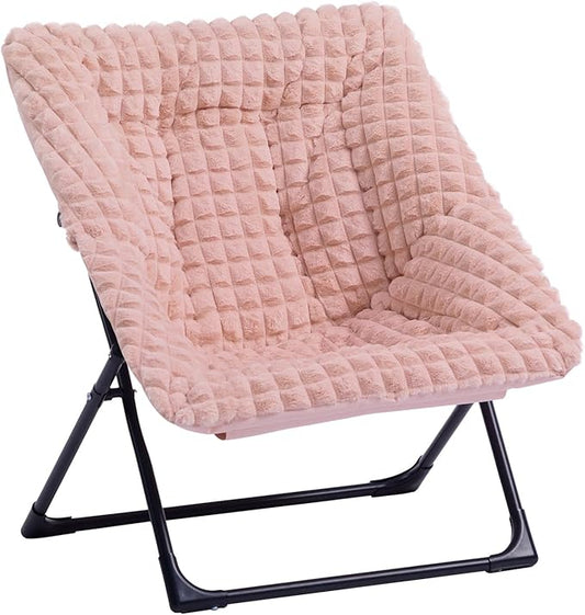 HollyHOME X-Large Saucer Chair, Comfy Oversized Folding Chair, Faux-Fur Reading Chair for Teens, Adults, Foldable Accent Lazy Chair, Metal Lounge Chair for Living Room, Bedroom, Dorm, Grid Pink