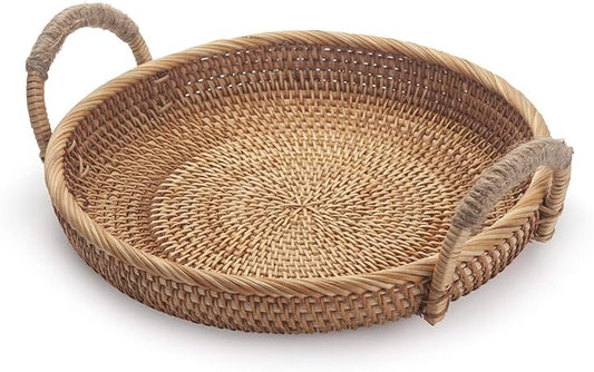 Rattan Round Fruit Basket for Table Wicker Bread Tray with Handle for Serving Food, Crackers, Snacks (11inch D x 1.8inch H)