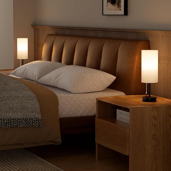 White Bedside Lamps for Bedroom Set of 2 - Nightstand Table Lamp with USB A + C Charging Port, 3 Color Temperatures Pull Chain Night Stand Light, Side Table Desk Reading Lamp for Living Room/Dorm