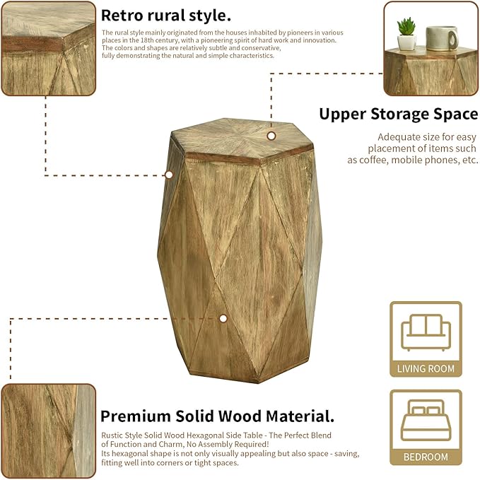 Round Side Table, Rustic Console Table, Gold Geometric End Tables Ideal for Couch Sofa Living Room or Bedroom Stand (Geometric Style)