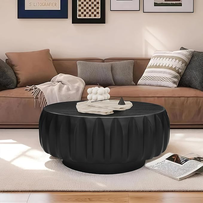 31.5" Round Solid Wood Carved Coffee Table with Elegant Sculptural Design,Modern Side Table for Living Room,Bedroom,Office，Black