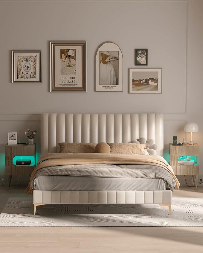 Nightstand with Charging Station and LED Lights,Modern Bedside Table with 2 Storage Drawer,Night Stand with Solid Wood Legs,White (Grey Osk)