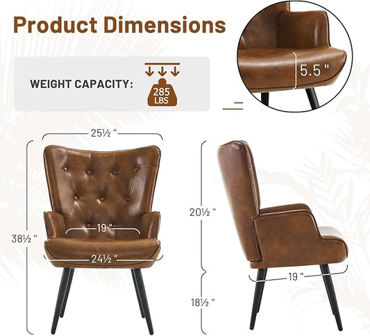 Furniliving PU Leather Accent Chair for Living Room, Upholstered Reading Chair with High Backrest, Tufted-Button Wingback Armchair for Bedroom, Dressing Room, Home Office, Brown