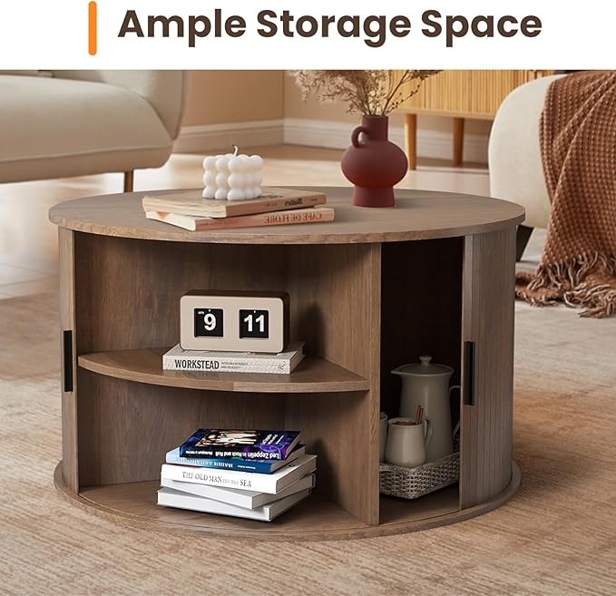 Coffee Table with Storage,31.5" Wood Round Coffee Table Hidden Storage and Open Shelves with 360°Curved Sliding Door,for Living Room Office Apartment,Brown