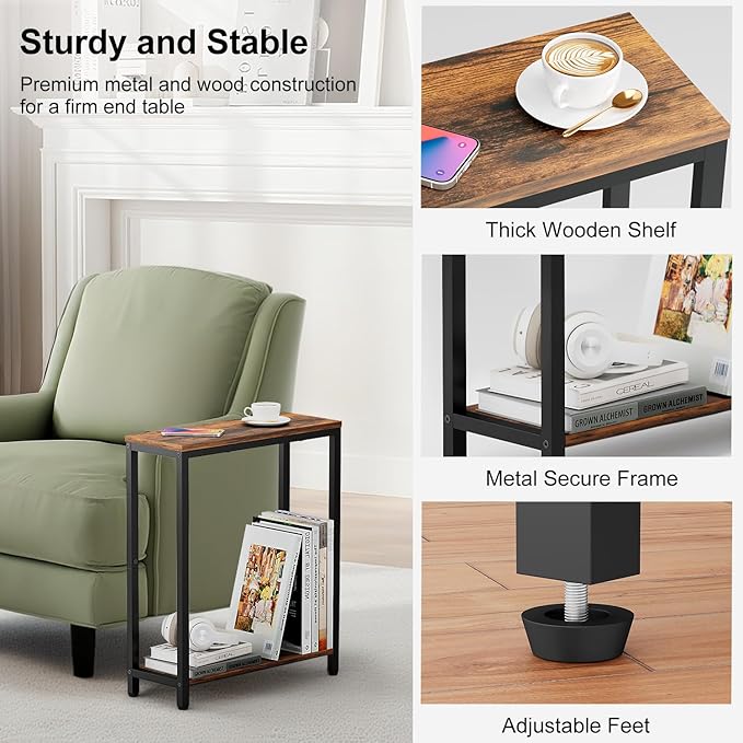 KIMBORA 8.6” Narrow Small Side Table for Small Spaces, 2 Tier Skinny Couch End Tables Living Room, Slim Nightstand for Bedroom Bedside, Brown