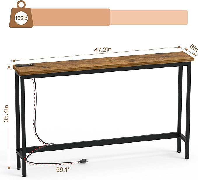 35'' High Behind Couch Table, Narrow Console Table with Outlet, Sofa Table for Entryway Hallway, Living Room, Brown