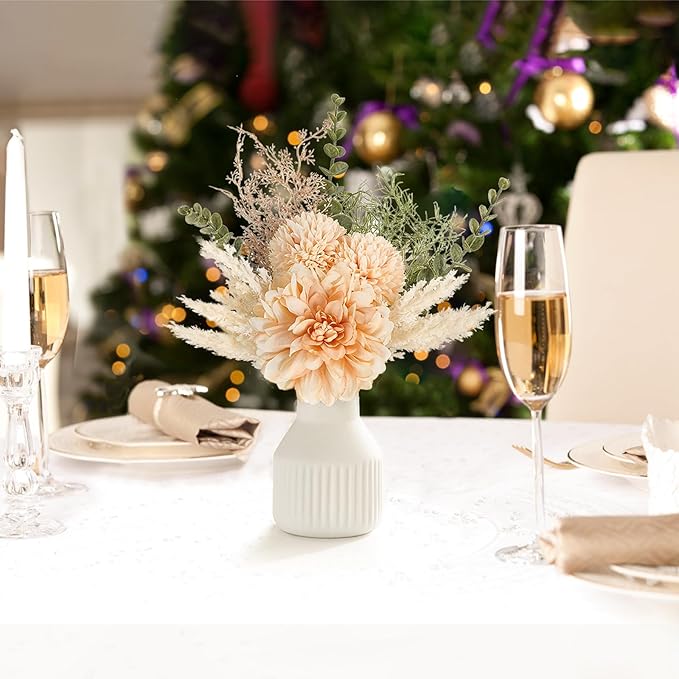 Mkono Small Artificial Flowers in Ceramic Vase 13.5" Centerpieces Coffee Table Decor, Silk Flower Arrangements for Home Decor Indoor Fake Flower Bouquet for Bathroom Dining Room Kitchen Champagne