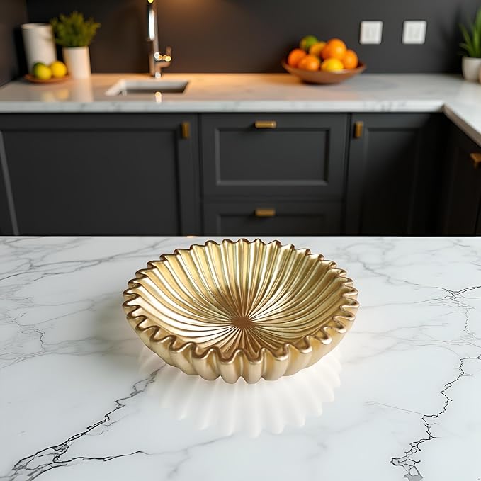10" Large Decorative Bowl decor, Scalloped Bowls for Modern Home Decor,Ruffle Decor,Stylish Key Bowl for Entry Table,Decorative Fruit Bowl for Kitchen Counter,Golden