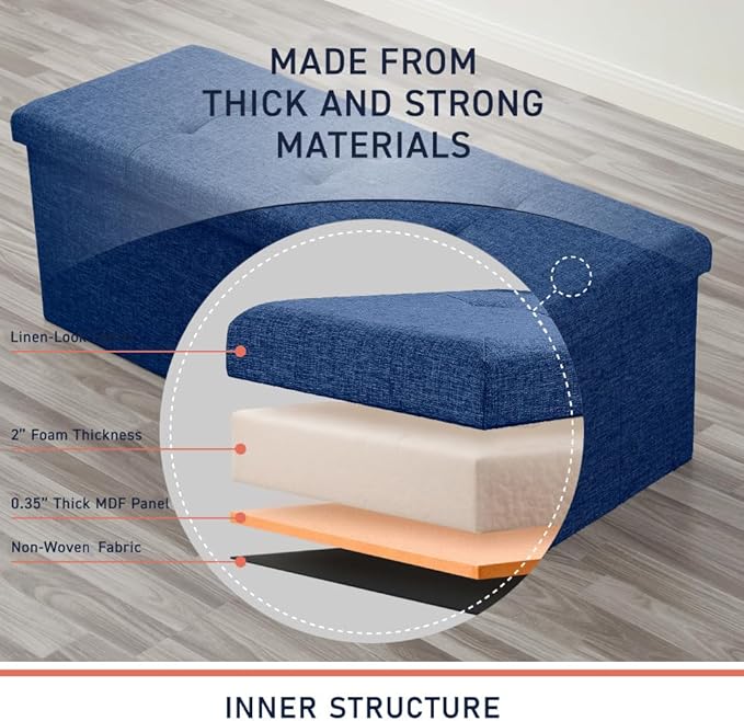 Ornavo Home 43 Inch Folding Storage Ottoman, Long Large Storage Ottoman Chest, Foot Rest Stool, Bedroom Bench - (Navy)