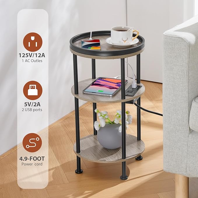 Small Round Side Table with Charging Station for Small Spaces, 3-Tier Accent Table with USB Ports & Power Outlets, Corner Tea Table Sofa Table for Living Room Nightstand Bedroom Apartment(USB,Oak)