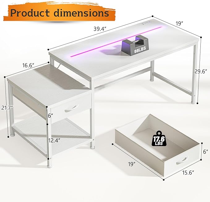 Computer Desk with Printer Shelf & Storage Shelves,56 Inch Gaming Desk with LED Lights & Power Outlet,Office Desk with Headphone Hook,Reversible Corner Desk for Small Space,White