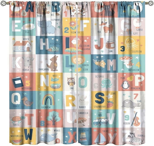 BAEKJIN Kids Alphabet Curtains，Catoon Wild Animals Pattern Print Decor Window Drapes for Bedroom Living Room 42x45 Inch