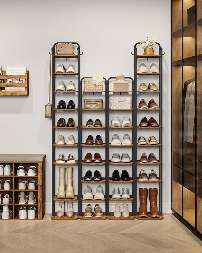 10 Tiers Vertical Shoe Rack, Narrow Shoe Tower, Tall Shoes Shelf with 2 Hooks, Adjustable Shelves, Corner Shoes Shelves for Small Spaces, Entryway, Living Room, Rustic Brown SR11201B