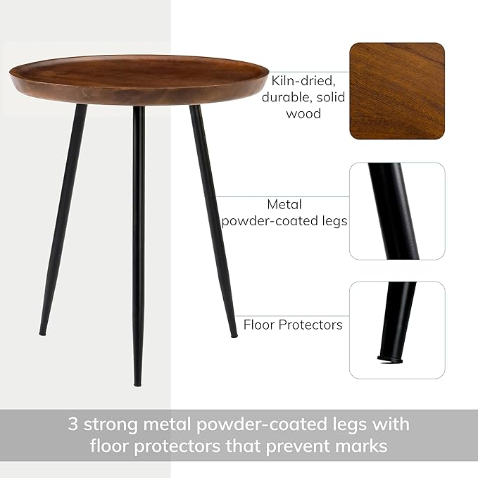 MH London Modern Side Table-Dilan Tri Pin End Table. Exclusively Designed Hand-Crafted Small Nightstand. Solid Wood Round End Table.Contemporary Accent Table for Bedrooms, Living Rooms and Home Office