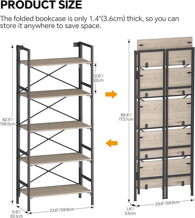 Folding Bookshelf,5 Tier Bookcase Foldable Shelf with X-Bracket Design, Adjustable Feet, Space Saving Storage for Living Room, Office