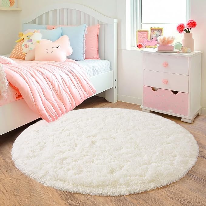 4'x4' Cream Round Rugs for Girls Bedroom, Ultra Soft Fluffy Circle Rug for Kids Room, Cute Shag Rugs for Living Room Playroom Tent Castle Home Decor Rug
