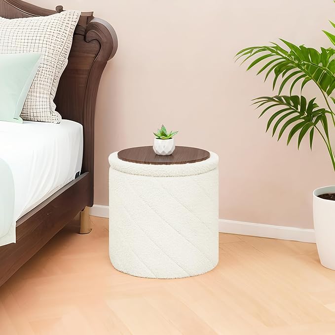 B FSOBEIIALEO Ottoman with Stroage, Boucle Round Storage Ottoman with Tray, Foot Rest Stool for Dorm Room, Living Room White, 12.99"x12.99"x13.78"